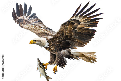 Impressive eagle with fish in talons on a clear white background