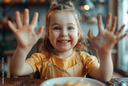 Innocent child curly hair and delightful smile home. Cute child blonde curls and joyful smile holding food. Capturing essence of childhood delight and playfulness.