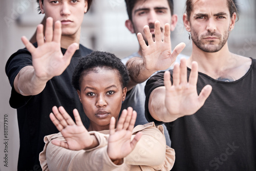 Portrait, hands and protest in city with stop, decision making and choice with gesture for peace. Community, solidarity and group of people in teamwork, activism and support against racism in rally