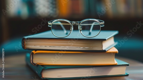 Academic Preparation - Stack of textbooks with bookmarks and eyeglasses, ready for studying and research.