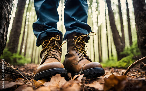 Low angle view of a park ranger’s boots in a forest, protecting wildlife, natural setting