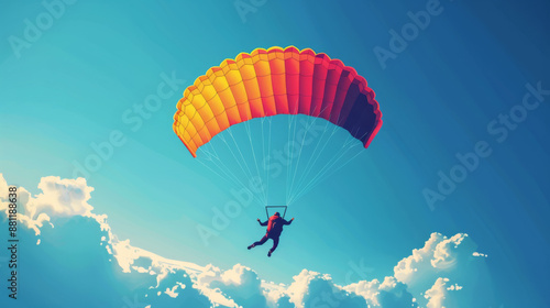 A parachutist in mid-air with an orange parachute, gliding through a bright blue sky with scattered clouds.