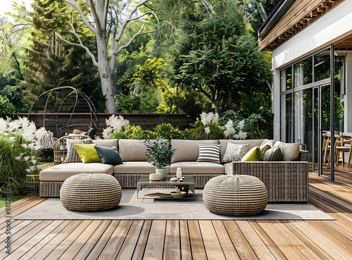 Modern outdoor garden with grey rattan sofas and wooden deck flooring background, garden furniture for home exterior decoration