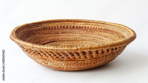 Vintage white background wicker basket with spiral weave thick round cane material and Southwestern Native American design