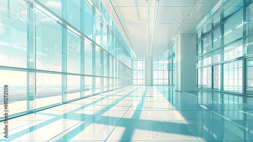 Modern interior with floor to ceiling windows and blue glass wall