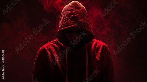 A shadowy figure draped in a red hooded cloak stands amid swirling red smoke, evoking a crimson aura and sense of danger.