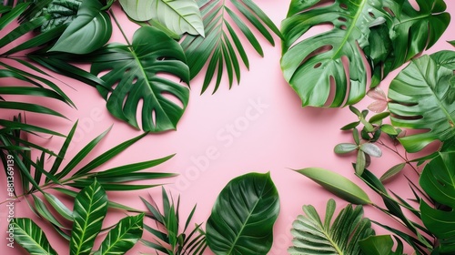 Summer flat lay with exotic foliage on pink backdrop