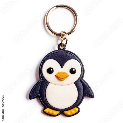 Cute Black and White Penguin Keyring With Gold Ring. Generative AI