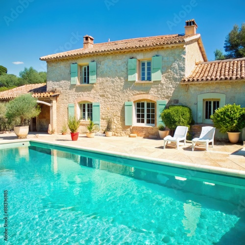 Provençal House With Pool and Loungers on a Sunny Day. Generative AI