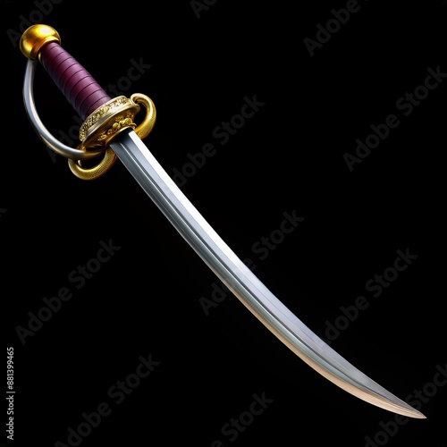 A Curved Pirate Saber With Ornate Golden Hilt Against A Black Background. Generative AI