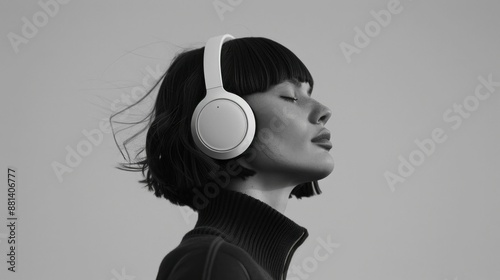 Stylish woman enjoying peaceful travel with white noise canceling headphones in black and white photograph