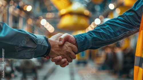 Two people shaking hands in an industrial manufacturing setting, highlighting partnership, agreement, and teamwork in a professional environment.