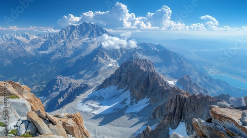 Majestic View from Mount Whitney Summit - Highest Peak in the USA surrounded by Snow-capped Peaks and Lush Valleys
