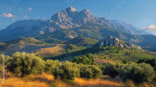 Majestic Mount Olympus: Panoramic View of Ancient Greek Mountain in Clear Blue Sky with Rolling Hills and Vineyards