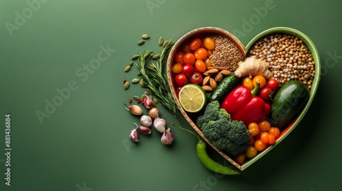 A vibrant photo showcasing a heart shaped bowl filled with nutritious diet foods, including fresh fruits, vegetables, and whole grains, promoting heart health and cardiovascular wellness. 