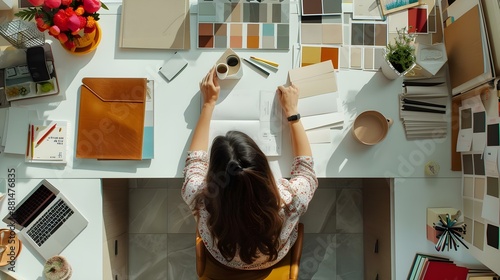 Overhead photo of woman interior designer working