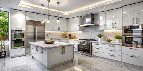 Modern kitchen interior with sleek white cabinets, marble countertops, and stainless steel appliances , kitchen