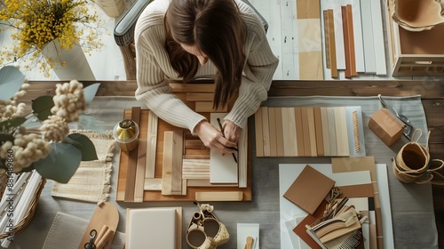 Overhead photo of woman interior designer working