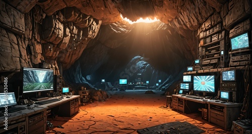 underground house interior. secret base lair in cave interior. high tech with monitors, tv, televisions and homely furnishing. rock and smooth stone.