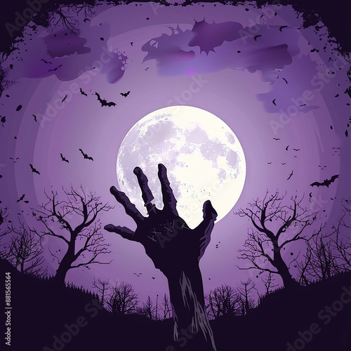 Halloween background with zombie hand reaching out from the ground, full moon and dead trees vector illustration design on purple color, halloween concept art.