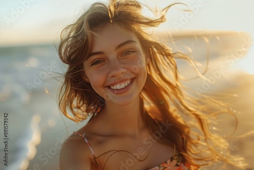 Captures the carefree joy and summer vibes of a woman twirling in a sundress on a beach.