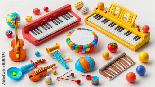 Music class instruments, extracurricular element, 3D illustration, vivid colors, isolated on white background