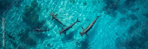 Aerial view of hammerhead sharks.