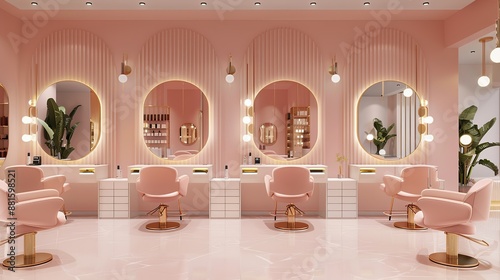 A modern, girly salon in the UK. It's crucial that the design features an open floor plan, 4 styling stations with large mirrors, and a comfortable seating area. copy space for text.