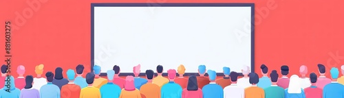 Movie theater, audience watching film, big screen, flat design illustration