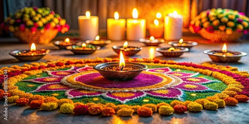 Festive Diwali decorations, diyas, and colorful rangoli design on the floor , Diwali, Deepavali