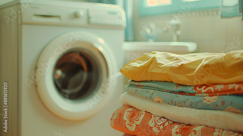 A neat stack of colorful clothing in a cozy laundry room with a washing machine and window in the background. 