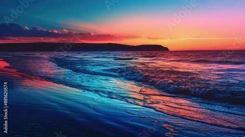 The moment before sunrise over the ocean, where the sky transitions from night to day with a spectrum of colors, and the waves reflect the changing hues against a silhouette of distant hills.