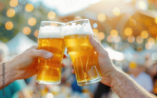 beer festival with people toasting glasses close up, social gathering, vibrant, Composite, beer garden backdrop