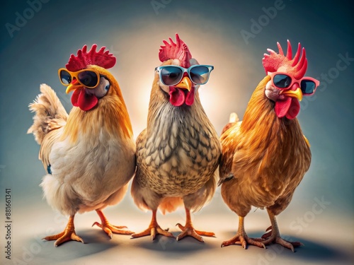 Cool and trendy chickens wearing stylish shades pose confidently on a brightly lit studio background, adding a touch of humor and whimsy to any setting.