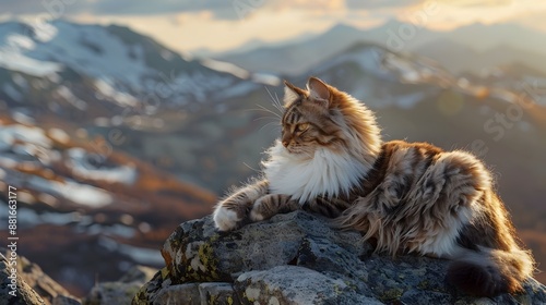 Majestic Norwegian Forest Cat Lounging on Rocky Outcrop with Epic Mountain Landscape