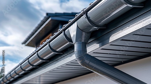 Gray zinc gutter on the facade of the house white PVC downpipes and soffit paneling