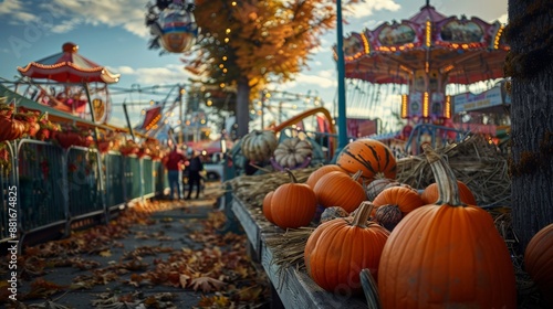 Local fair in the fall, with rides, games, and pumpkin displays, a community coming together to celebrate the season.