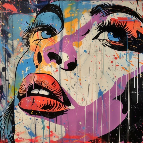 Colorful and vibrant street art graffiti with a stylized female face, displaying bold lines and splashes of paint.