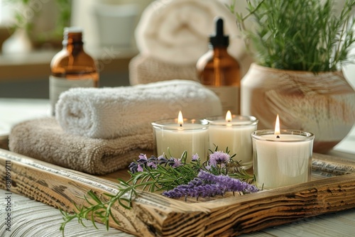 Artistic composition of essential oils, aromatic candles, and spa tools arranged on a wooden tray, creating a serene atmosphere for a relaxing spa day at home. The focus is on natural ingredients and