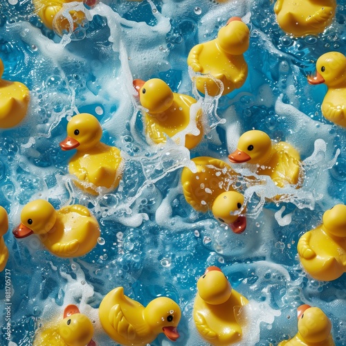 photo realistic rubber duckies laid out beautifully for top down photo watery background