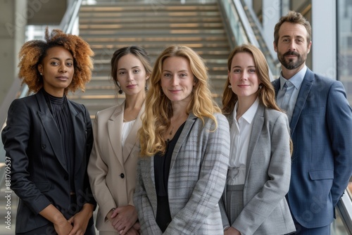 Professional group in business attire posing on staircase together.