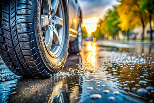 Close-up of a car tire on a wet asphalt street with rainwater droplets and reflections, emphasizing traction and road grip in hazardous driving conditions.