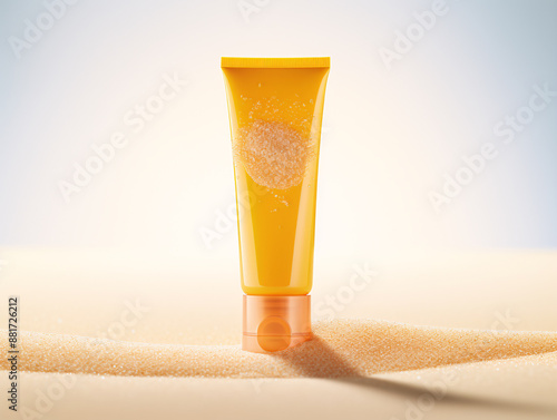 a yellow tube of cream on sand