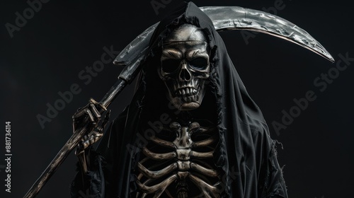 Close-up of a man dressed as a skeleton, holding a scythe and looking menacing, wearing a black skeleton costume, standing in front of a black background, Portrait close-up, hyper-realistic, high