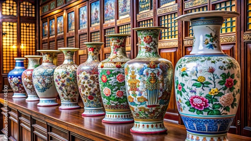 Exquisite Chinese porcelain vases displayed in an ancient imperial palace , Chinese, porcelain, vases, ancient