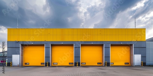 An industrial building featuring large yellow garage doors set against a cloudy sky, highlighting functionality and industrial architecture.