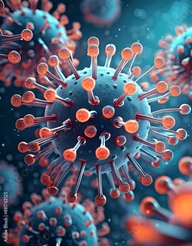 Microscopic enlargement of blue virus - respitory virus outbreak - floating cells in body - virus shaped as covid, influenza, sars, corona, hiv, mers, cholera, variola, measles - disease organisms