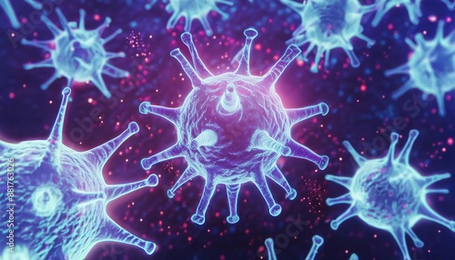 Microscopic enlargement of blue virus - respitory virus outbreak - floating cells in body - virus shaped as covid, influenza, sars, corona, hiv, mers, cholera, variola, measles - disease organisms