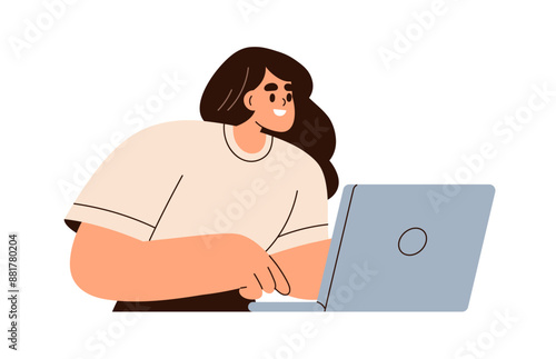 Happy woman studying, working at laptop computer. Business person, female professional, student at PC. Digital education, freelance concept. Flat vector illustration isolated on white background