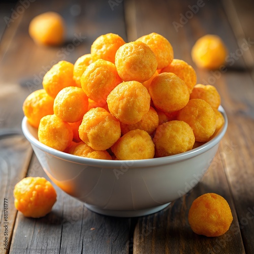 bowl filled round orange colored cheese puffs wooden surface additional scattered around